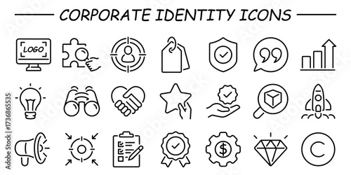 Corporate identity concept icons set. Branding, behavior, identity, corporate style, vision, culture, mission, design. Web vector infographic in minimal outline style