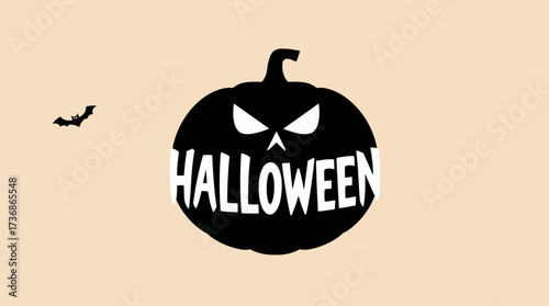 A silhouetted black pumpkin with a carved face and the word "Halloween" within, alongside a small bat.