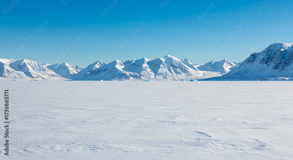 Fototapeta premium Vast Arctic Winter Landscape: Snow-Covered Mountains and Icy Plains under a Clear Blue Sky