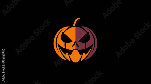 Halloween pumpkin with a scary face, divided in orange and purple, isolated on a black background.