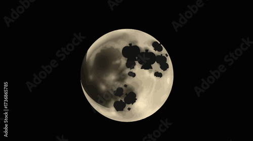 A full moon with dark patches against a vast, black night sky.