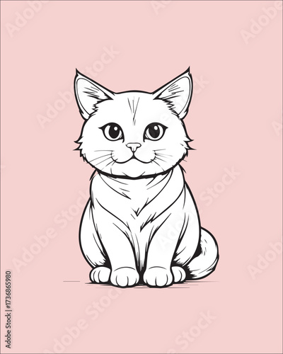 A high-quality, realistic black and white outline portrait of a cat sitting. The detailed fur texture and focused expression are suitable for sophisticated animal art, coloring books for adults