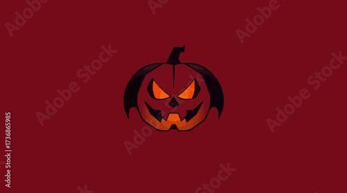 A spooky jack-o'-lantern with glowing eyes and a menacing grin against a dark red background.