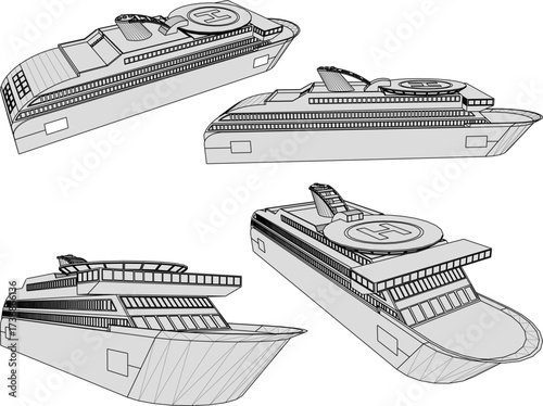 vector sketch illustration silhouette design of cruise ship with helipad for world travel.