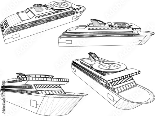 vector sketch illustration silhouette design of cruise ship with helipad for world travel  