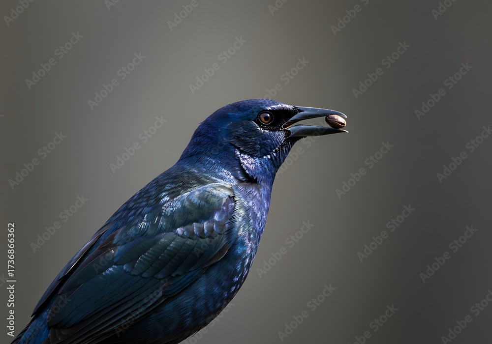 Obraz premium Iridescent Purple Blue Grackle with Nut in Beak. Generative Ai