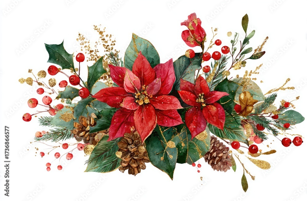 Fototapeta premium Watercolor image of festive holiday arrangement with poinsettias, berries, pinecones and greenery