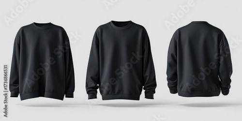 Three views of a black, ribbed crewneck sweatshirt