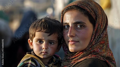 A mother holds her child close, both looking off into the distance with concern.
