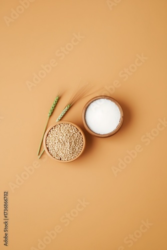 Healthy grain and dairy ingredient composition with wheat ear cereal and milk on warm background representing natural nutrition