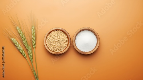 Healthy grain and dairy ingredient composition with wheat ear cereal and milk on warm background representing natural nutrition