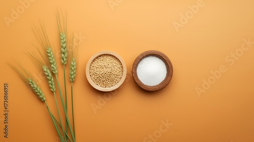 Healthy grain and dairy ingredient composition with wheat ear cereal and milk on warm background representing natural nutrition