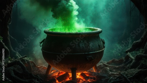 Mysterious Green Potion Bubbling in a Cauldron Over a Fire.