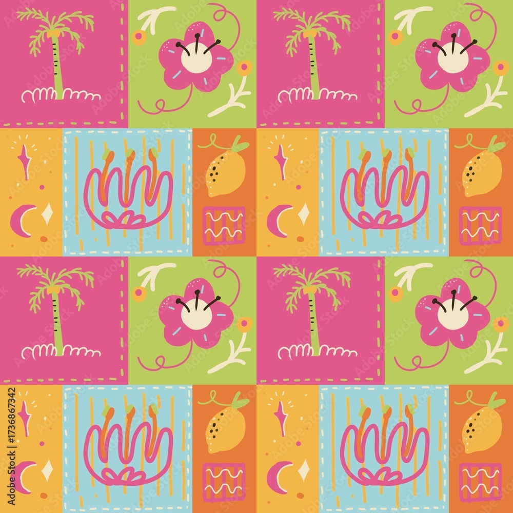 Fototapeta premium Tropical Flower and Palm Hand-Drawn Seamless Pattern, Bright hand-drawn tropical seamless pattern with flowers, palms, and geometric motifs in pink, orange, green, and blue tones. Perfect for summer