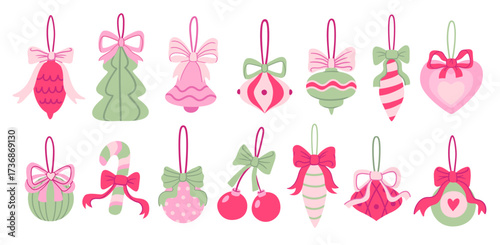 Whimsical Christmas pink ornaments with bow set. Coquette festive baubles, candy cane and heart, playful holiday vector decorations