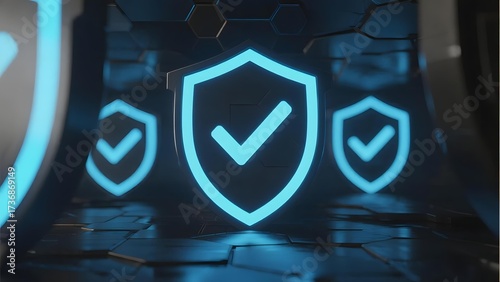 Digital security shields with checkmarks glowing in a futuristic tunnel environment