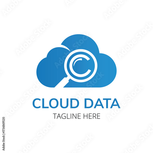 Cloud Data Logo Design with Magnifying Glass Icon