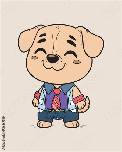 A whimsical, cheerful cartoon illustration of a puppy wearing a tie and collared shirt, ready for business. Great for corporate mascots, office themes, funny animal graphics, or professional pet servi