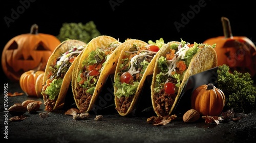 Festive Halloween Tacos with Jack O' Lanterns on a Dark Surface