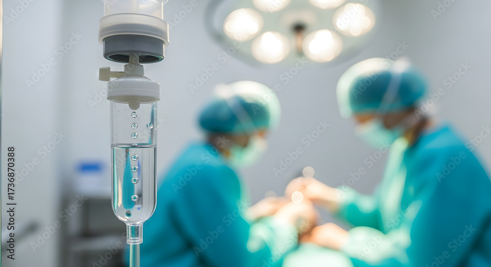 Fototapeta premium Close up of IV drip with surgeons performing operation, symbolizing modern medicine, healthcare, and critical care in a sterile environment