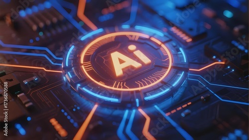 Digital circuit board with glowing AI symbol in futuristic interface