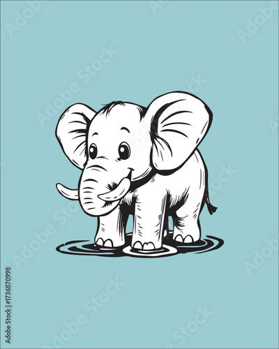 A charming black and white outline drawing of a baby elephant standing in a small puddle or reflection. Great for nature themes, water elements, children's graphics, or a soft, playful animal sketch