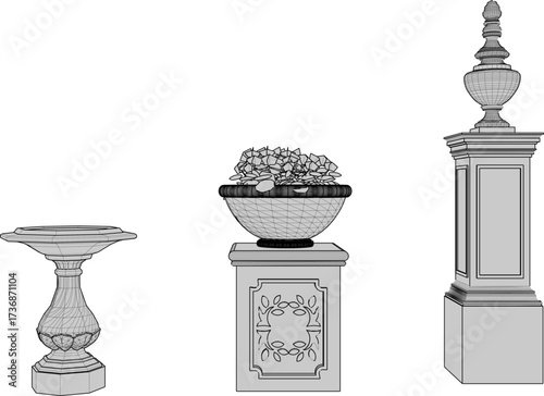vector sketch illustration silhouette design of flower pot with fountain for garden decoration   