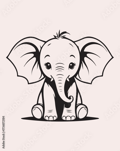 Stylized, high-contrast illustration of an adorable baby elephant sitting on a light, neutral background. Suitable for modern nursery wall art, prints, or sophisticated kids' apparel