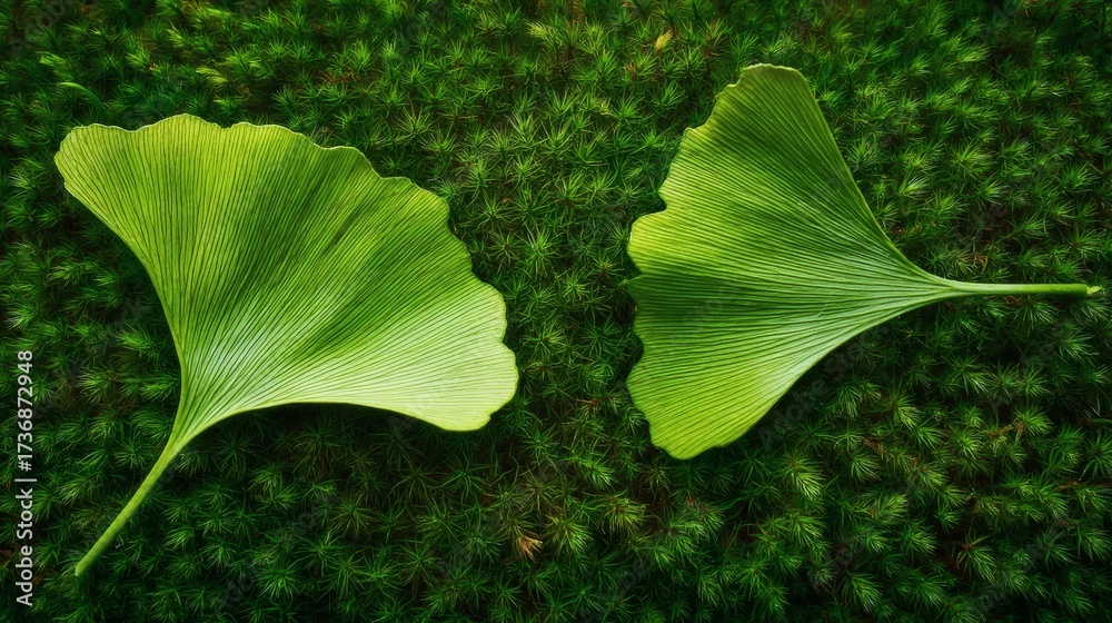 Fototapeta premium identical. Two ginkgo leaves on moss, showcasing similar vein patterns and soft light. gardening catalogs, home-decor guides, designed for home decor and floral branding.