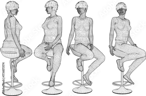 vector sketch illustration silhouette design of young woman sitting on bar stool  