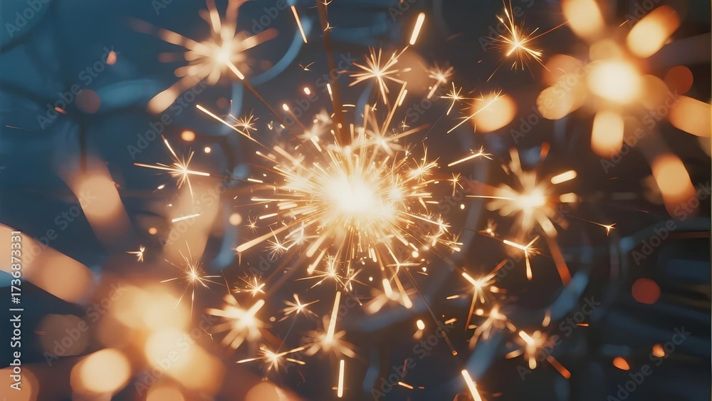 Obraz premium Sparkling fireworks with bright golden sparks in motion, creating a festive and dynamic light display.