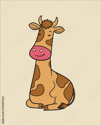 A colorful and cheerful cartoon drawing of a giraffe with brown spots and a distinct pink nose, looking directly at the viewer. Perfect for kids' educational materials