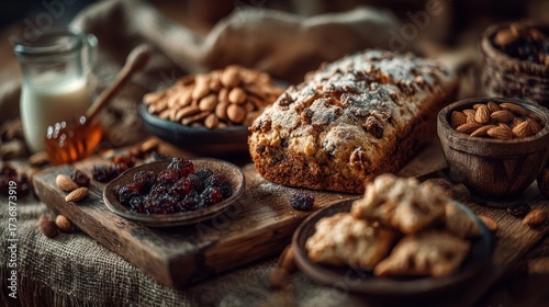 Artisanal Fruit Bread Displayed with Natural Accompaniments in Rustic Setting
