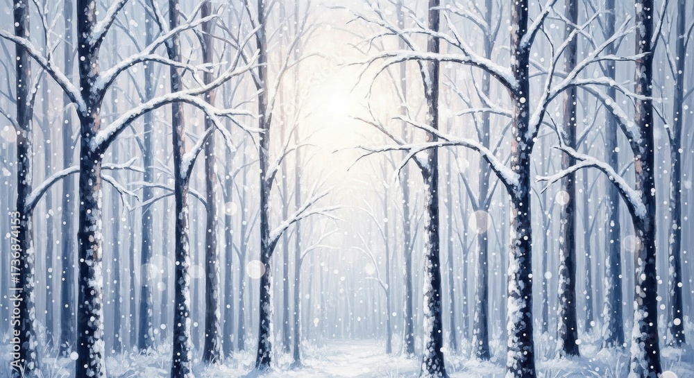 Fototapeta premium Ethereal Winter Forest: Snowfall, Bare Trees, and Radiant Light