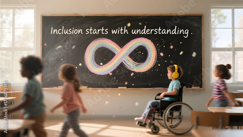 Inclusive classroom with diverse children wearing headphones and wheelchair in front of chalkboard with inclusion starts with understanding message