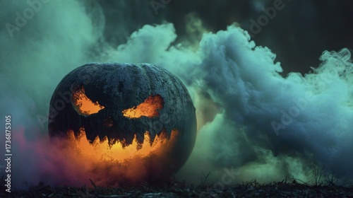 Spooky Carved Pumpkin Glowing in Mist for a Halloween Night