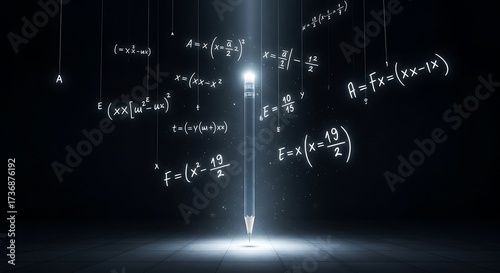 A glowing pencil illuminated by a spotlight, surrounded by floating mathematical formulas and equations against a dark background.