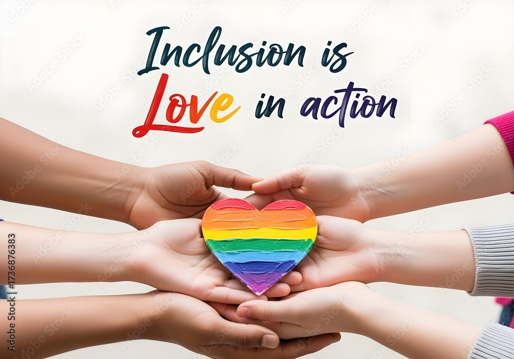 Naklejka premium Diverse hands holding rainbow heart on white background with quote inclusion is love in action symbolizing neurodiversity empathy and social awareness
