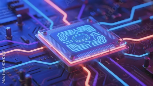 Close-up of a glowing microchip on a circuit board with illuminated pathways