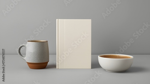 Minimalist coffee still life with ceramic cup, latte bowl and book on neutral background, modern cozy interior aesthetic with soft daylight