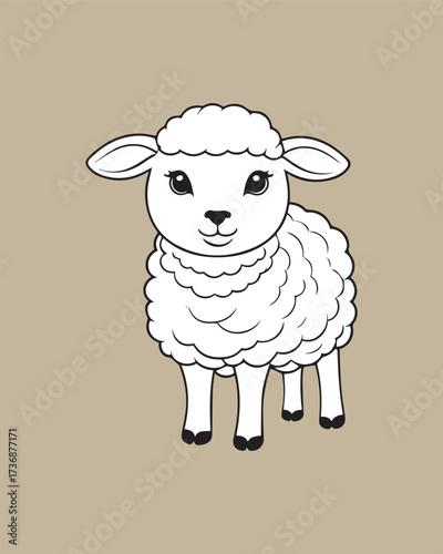 A clean, minimalist black and white outline illustration of a fluffy baby lamb. The simple, crisp design is suitable for modern branding, pattern creation