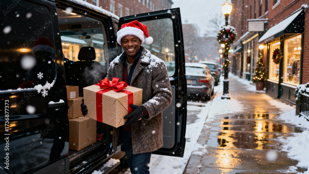 Fototapeta premium A black man holding a large, beautifully wrapped gift box tied with a vibrant red ribbon. Christmas, Christmas Tree, Merry Christmas, Christmas Background, Christmas Lights