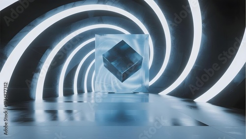 A glowing cube suspended in a futuristic tunnel with concentric neon rings