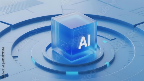 A transparent blue cube with 'AI' text centered on a futuristic circular platform, symbolizing artificial intelligence technology.