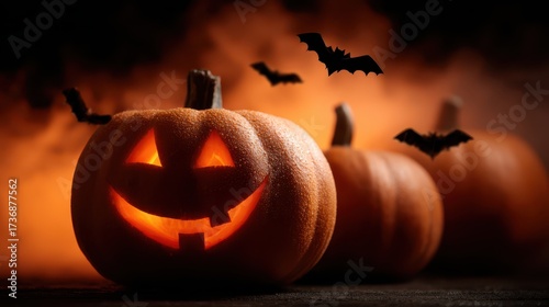 Carved pumpkin with glowing...