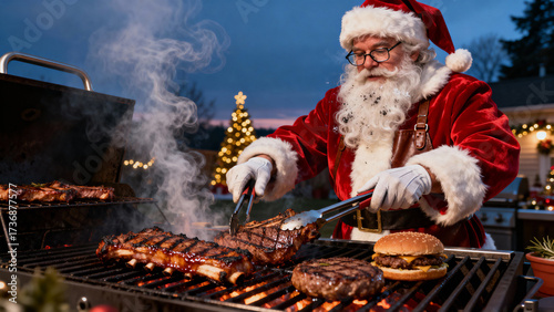 Santa Claus grilling succulent steaks outdoors at dusk. Christmas, Christmas Tree, Merry Christmas, Christmas Background, Christmas Lights