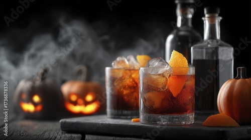 Halloween themed drink with orange garnish and ice on a dark wooden surface with pumpkins