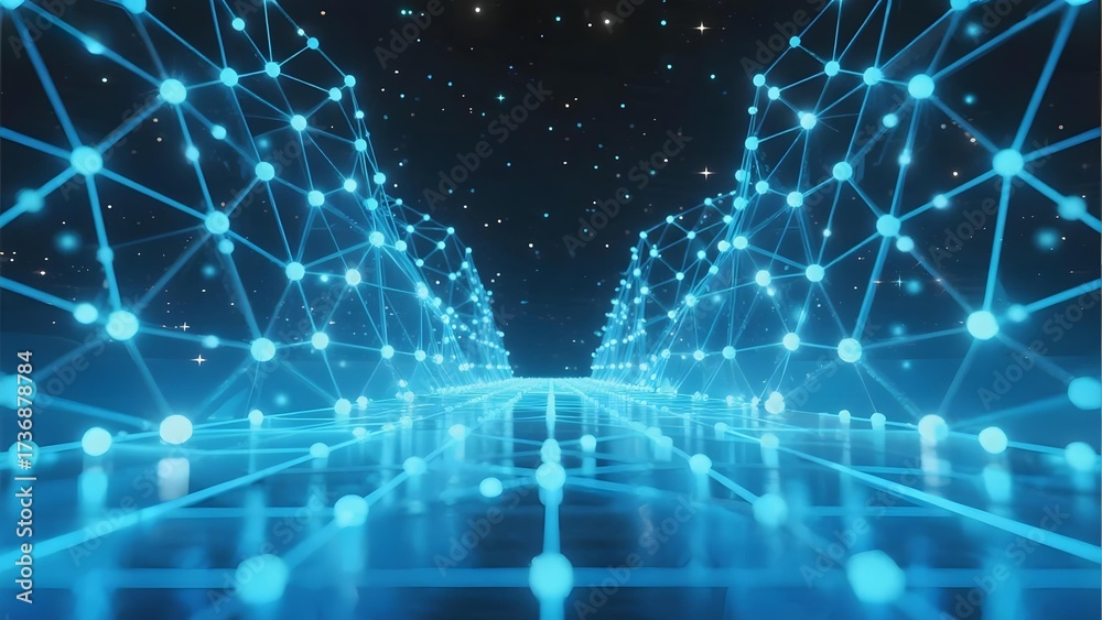 Fototapeta premium Digital network tunnel with glowing blue nodes and connections in a futuristic space environment