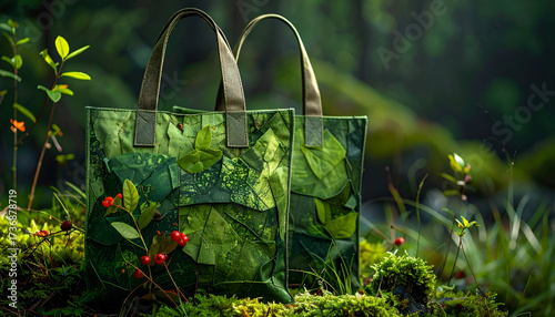 Two Green Leaf Patterned Tote Bags Displayed on Mossy Forest Floor with Sunlight and Berry Accents Outdoor Promotion and Natural Light Environmental