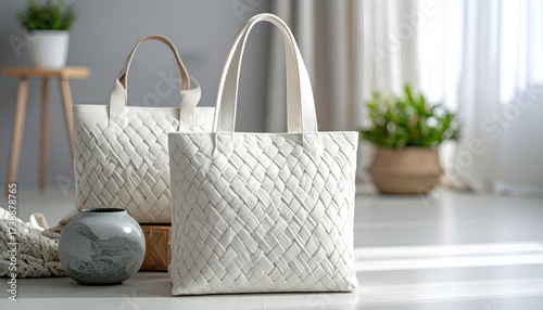 Two Woven White Tote Bags with Potted Plants and Modern Decor on Neutral Background in Bright Studio